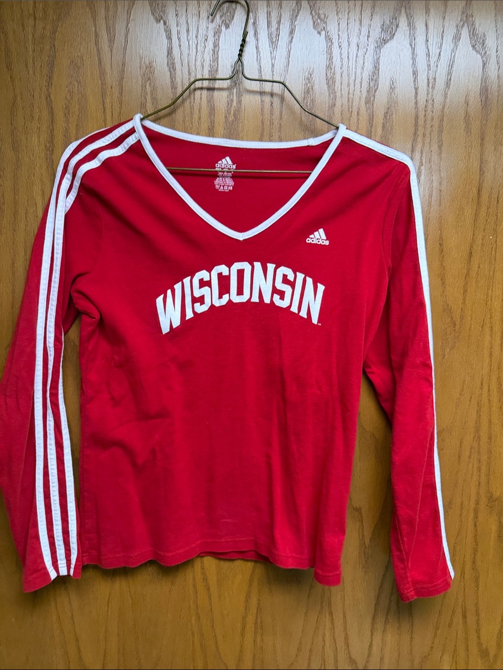 adidas Red Long Sleeve Wisconsin V‑Neck Tee with White Trim